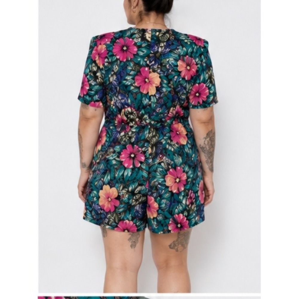 Jacque & Koko Vintage 90s Floral Romper Plus Size 18/20 Tropical Rayon Teal Pink - Picture 2 of 12